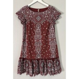 Anthropologie Feather Bone Burgundy Eyelet Embroidered Boho Shift Dress Small